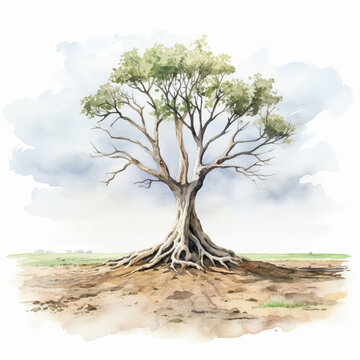 Watercolor painting of a solitary tree with robust roots standing strong amidst a parched landscape, symbolizing endurance and adaptability.
