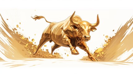 Illustration of a golden bull running through a field of gold dust.