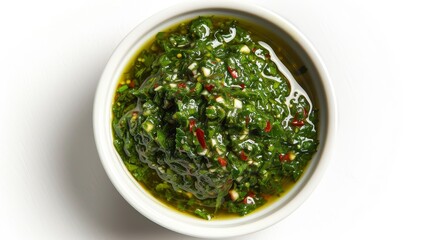 Chimichurri sauce in a white bowl, rich green with specks of garlic, top view, isolated on a clean white background, perfect studio lighting