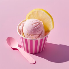Pink ice cream in a striped pink and white paper cup with one large slice of yellow lemon, a pink spoon on the side, light pink background. Delicious food photography. Summer aesthetic.