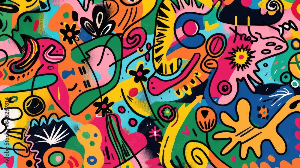 Poster playful bohemian background with colorful, abstract doodles and symbols, creating a lively and eclec
