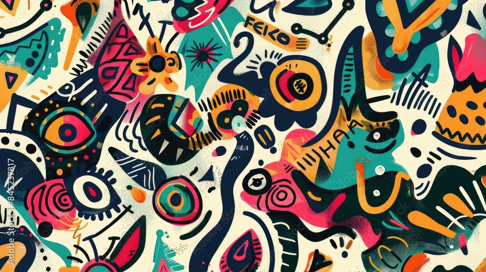 Poster playful bohemian background with colorful, abstract doodles and symbols, creating a lively and eclec