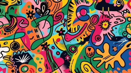 Playful bohemian background with colorful, abstract doodles and symbols, creating a lively and eclectic vibe.