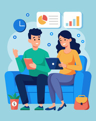 Fototapeta premium A young couple sitting side by side on the couch discussing their financial goals while using an online budgeting tool on their tablet.. Vector illustration