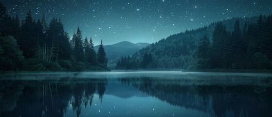 Calm lake mirroring a starry night sky, with a reflective surface that enhances the serene beauty of nature's secluded corners