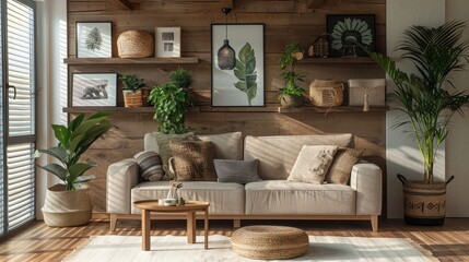 Brown wooden raw cozy living room, featuring hanging edge floating shelves, creative and practical interior design ideas