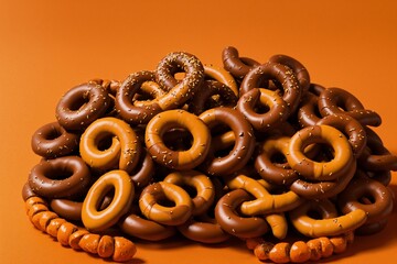 A playful array of chocolate dipped pretzels on an orange backdrop