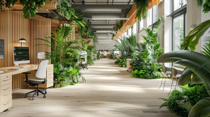 Naklejka premium Bright office space filled with vibrant green plants, minimalist design, and cutting-edge technology, blending nature with modernity