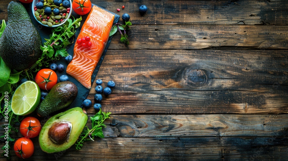 Wall mural healthy food selection: fresh green organic avocado and salmon with berries on rustic wooden backgro