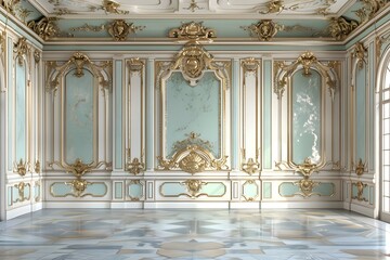 Fototapeta premium Rococo interior palace backdrop, blue and gold panelled walls, ornate moldings.