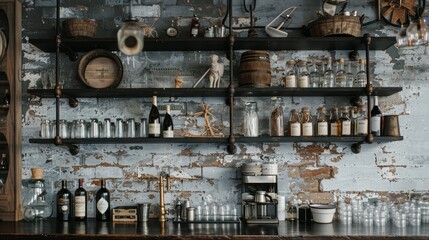 Black shelves hanging on a rustic port wall, decorated with nautical items, a blend of industrial and coastal interior design
