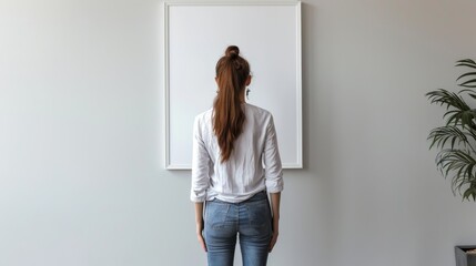 Back view of a young person adjusting a blank frame on the wall, home interior with modern elegance, stylish and tidy environment