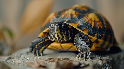 Obraz premium Design a plump, inquisitive turtle poking its head out from its shell, eyes wide with curiosity.