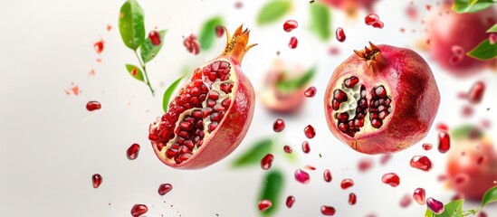 Fresh ripe whole and sliced pomegranate with seeds and leaves, flying in the air against a white background. High-quality picture