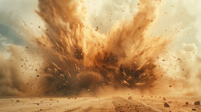 A powerful explosion of sand and dust in the desert creates an intense visual effect with debris flying everywhere. in the style of real photo