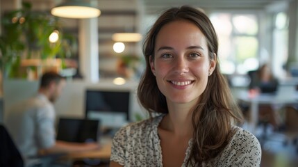 Obraz premium An empowered IT manager at her desk, looking directly at the camera with a charming smile