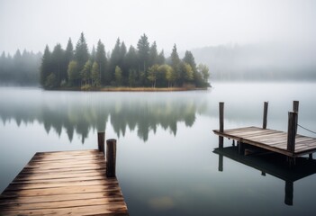 serene misty lake view wooden dock extension, water, pier, fog, tranquil, nature, waterfront, reflection, hazy, jetty, quiet, still, overcast, atmospheric