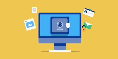 Online data storage and safety, digital vault shield protection cyber security concept, vector illustration.