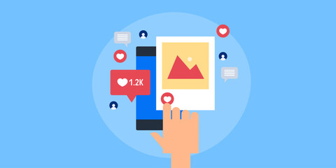 User hand clicks on heart icon, social media reaction audience engagement on mobile app concept, vector illustration.