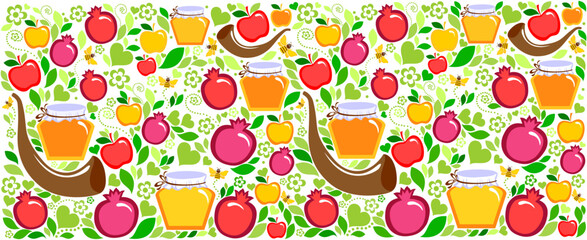 Rosh hashanah, Shana Tova - jewish new year holiday seamless pattern vector template background cartoon flat design Pomegranate, honey, wine, menorah, candle, star David, apple, shofar, flower. vector