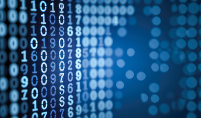 display of binary numbers on monitor. visualizing complex computations or algorithms in action. Blue digital binary data on computer screen with bokeh.