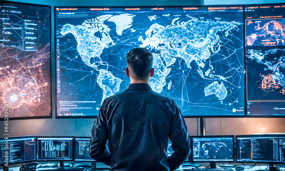 Poster person stands in front of huge monitor with world map back view in operations command center. digital world map displayed in control center for global monitoring. Network operations center.
