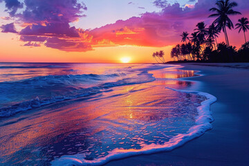 Vibrant sunset over a tropical beach with palm trees and gentle waves