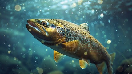 Fototapeta premium Detailed view of a big trout beneath the water surface of a peaceful lake, with a starry night sky above