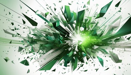 Explosion of emerald green and white shards radiating from a central point in a digital abstract design. 