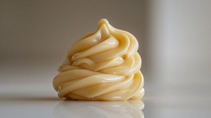Detailed shot of rich mayonnaise, highlighting its glossy surface, on a clean white backdrop, with perfect studio lighting