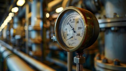 Detailed shot of a thermometer embedded in an industrial setting, focusing on the mercury level and calibration marks