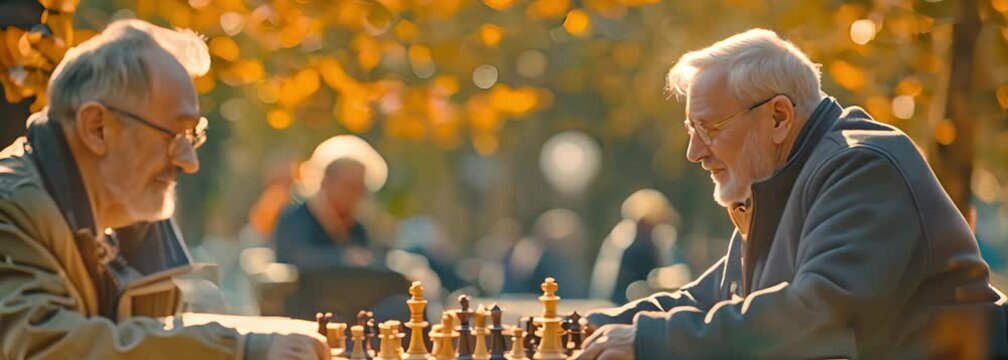 Active retired senior pals playing chess in the park. Hobbies and activities for the elderly.