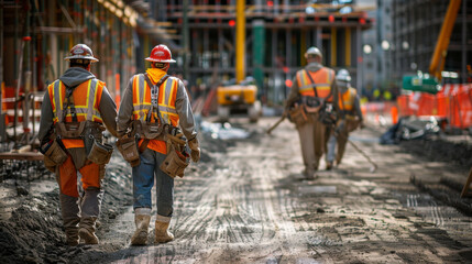 Group of construction workers in safety gear, working on an urban building site, showcasing teamwork and industrial development.