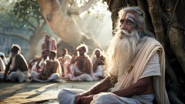 An Indian old sadhu sitting under a tree with a group of disciples
