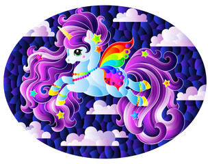 tained glass illustration with a cute cartoon unicorn on a cloudy sky background