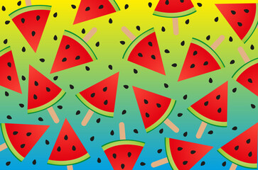 Watermelon ice cream on a stick. Frozen watermelon. Fruit ice cream with watermelon slices.