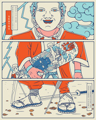 Japanese urban samurai skater with a kabuki mask holding a skateboard