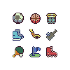 Sport pixel art style icons set, emoji. 8-bit sprite. Design for logo game, sticker, web, mobile app, badges and patches. Isolated vector illustration. Game assets.