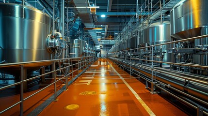 Obraz premium Cutting-edge factory with robotic production of hoisin sauce, emphasizing cleanliness and safety, modern Asian culinary techniques