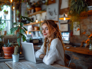 A woman is focused on working on her laptop in a cozy indoor workspace surrounded by plants