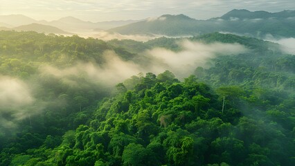 Fototapeta premium Sunrise Over Green Mountains: Aerial View of Tropical Forests in Winter Fog