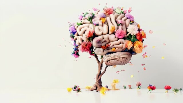 A human brain growing as a tree with flowers. Mental health, creative mind and positive thinking concept.