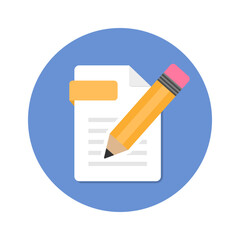 Pencil with notepad icon. Writing tasks, remind or checklist. Sketchbook or diary for education or work. Pencil with laptop. Flat design writing concept. Vector