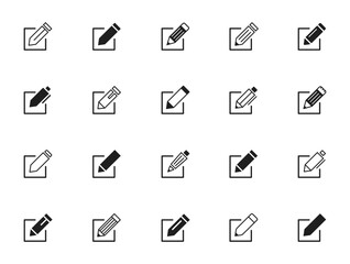 Edit icon set. Set of notepad edit documents with pencil icons. Pen icons. Editing text file documents. Sign up. Business concept note edit pictogram isolated on transparent background. Vector