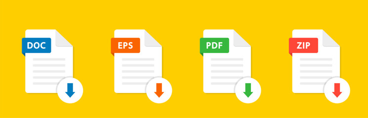 File type icons. Set of pdf, doc, jpg, zip. Collection colored icons for download on computer. Graphic templates for ui. Document types in flat style. Vector illustration. EPS 10