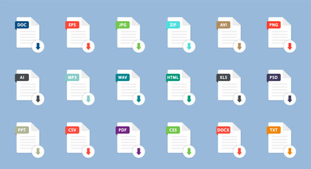 File type icons. Set of pdf, doc, jpg, zip. Collection colored icons for download on computer. Graphic templates for ui. Document types in flat style. Vector illustration. EPS 10