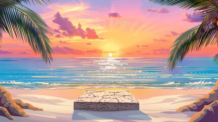 Illustration of a summer sale poster banner template featuring a stone product display podium on a sandy beach with a vibrant sunset sky, offering an ideal backdrop for promoting seasonal offers and