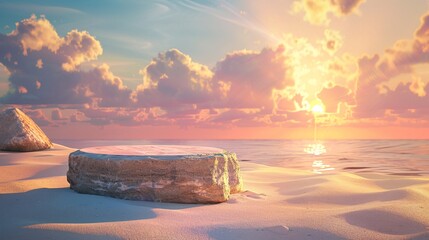 Illustration of a summer sale poster banner template featuring a stone product display podium on a sandy beach with a vibrant sunset sky, offering an ideal backdrop for promoting seasonal offers and