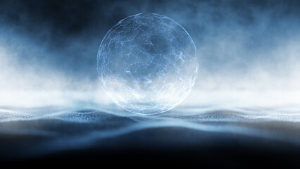 Blurry shiny dots on dark black copy space background with 3d sphere illustration.