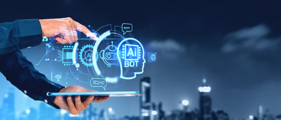 Businessman finger touch tablet, digital AI hologram with brain and cogwheel